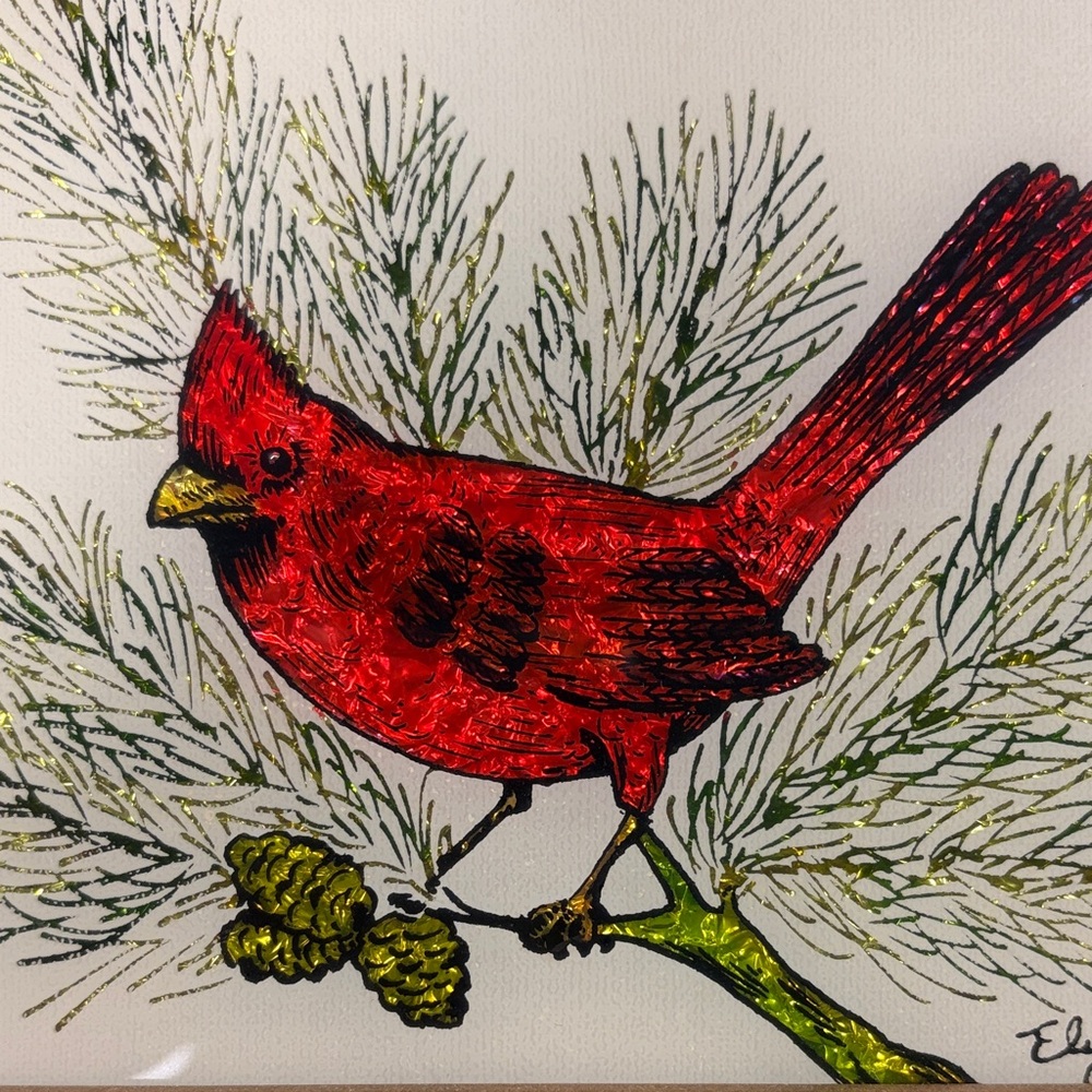 Framed vintage Aluminum Art by Elyse- male red cardinal